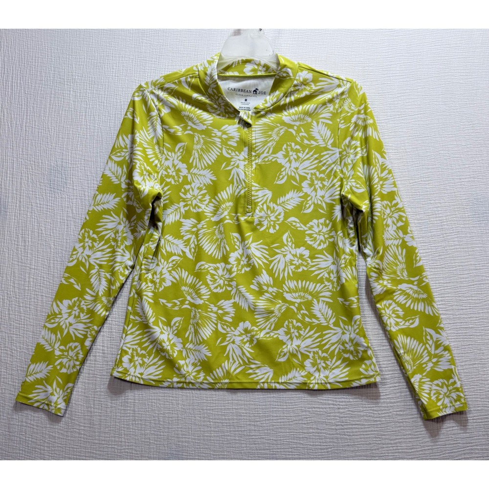 Caribbean Joe Rash Guard Women M Lime Green Tropical Floral Quarter Zip Swimwear